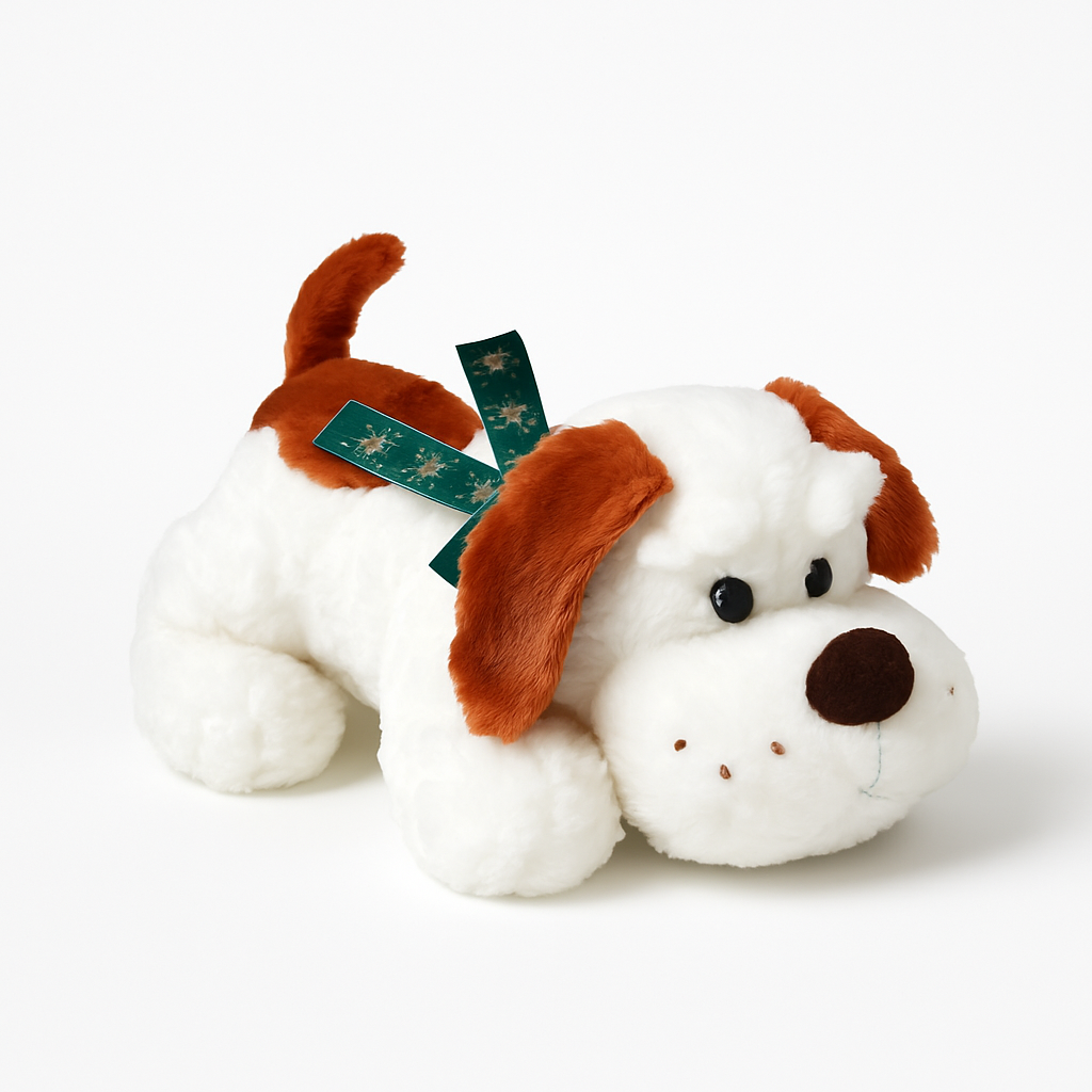 Pliušinis šuniukas su kaspinu