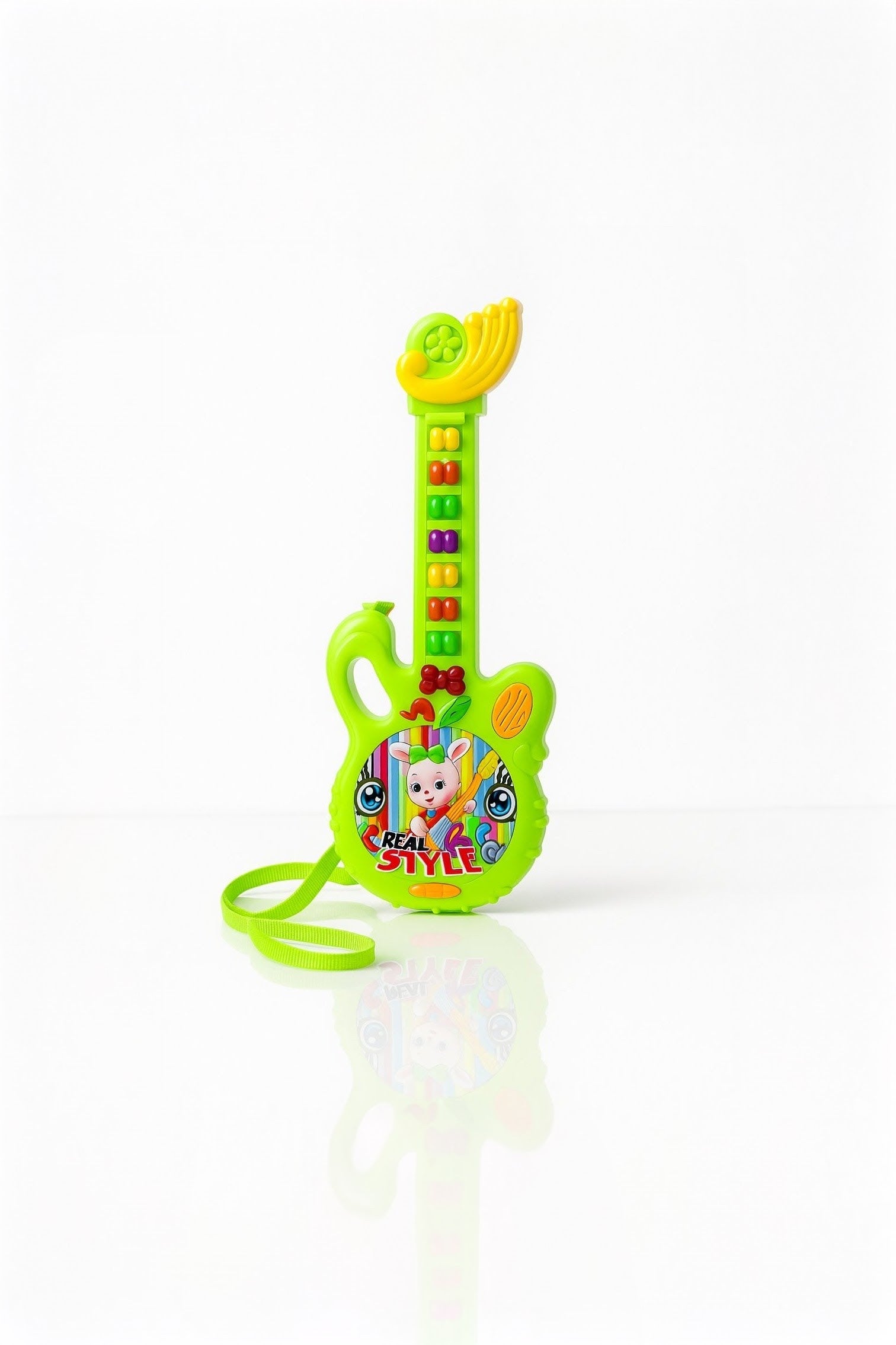 Muzikinė žaislinė gitara su žaliu dirželiu