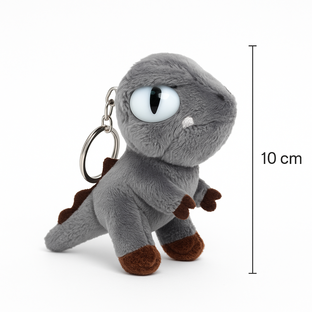 Pilkos spalvos minkštas dinozauras raktų pakabukas