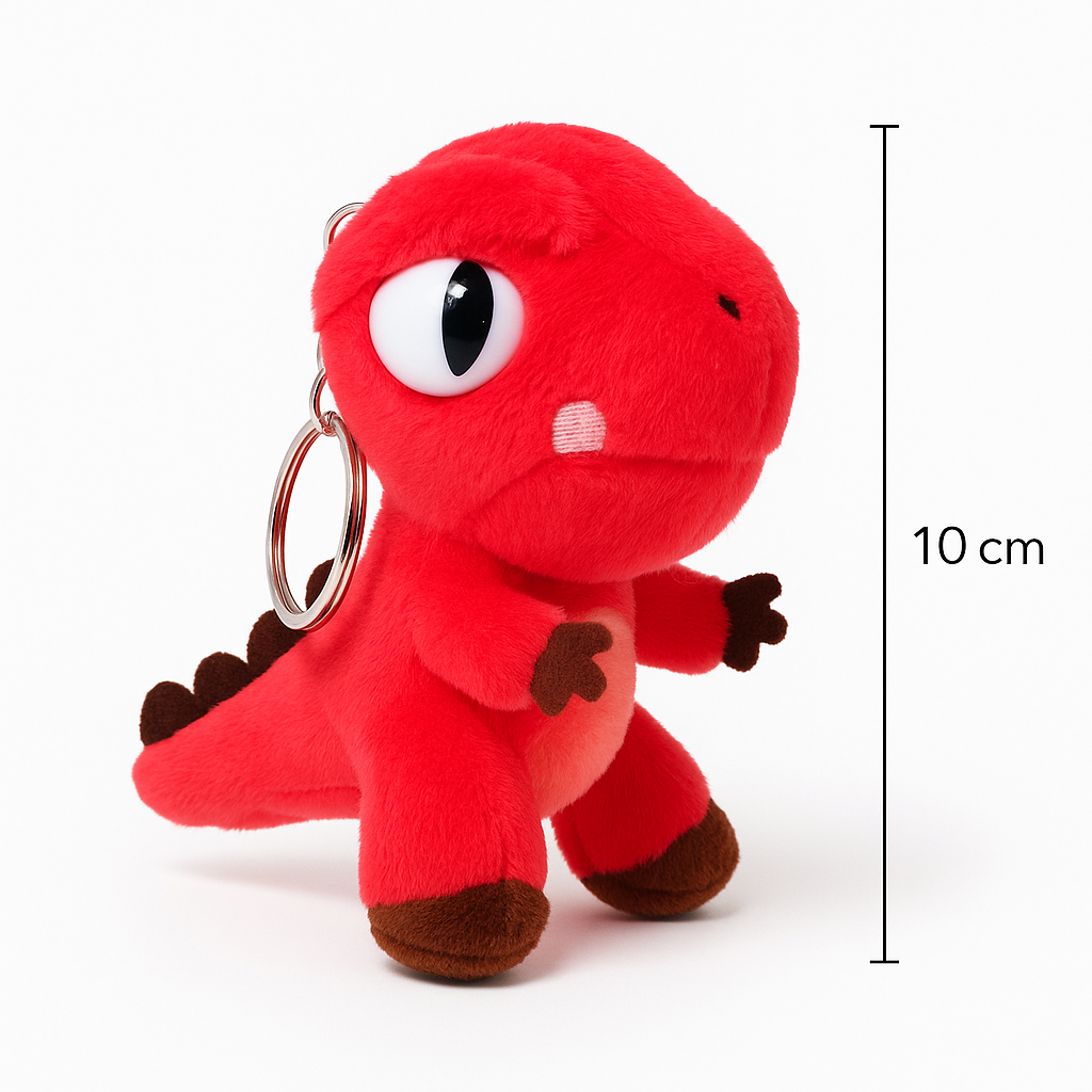 Ryškiai raudonos spalvos minkštas dinozauras raktų pakabukas