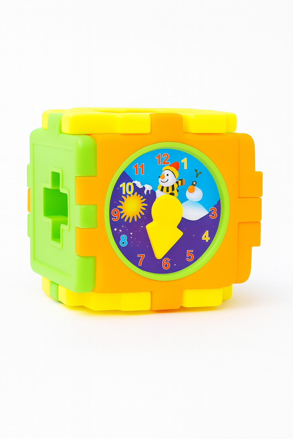 Spalvingas lavinamasis formų rūšiavimo kubas su laikrodžiu