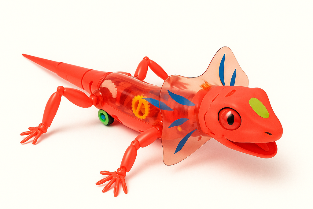 Raudonas žaislinis driežas su šviesomis ir muzika