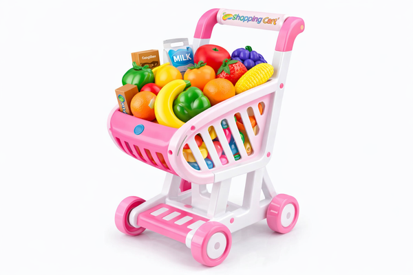 Didelis vaikiškas apsipirkimo vežimėlis baltos ir rožinės spalvos su vaisiais