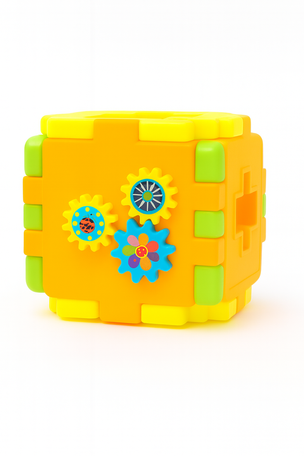 Spalvingas lavinamasis formų rūšiavimo kubas su laikrodžiu