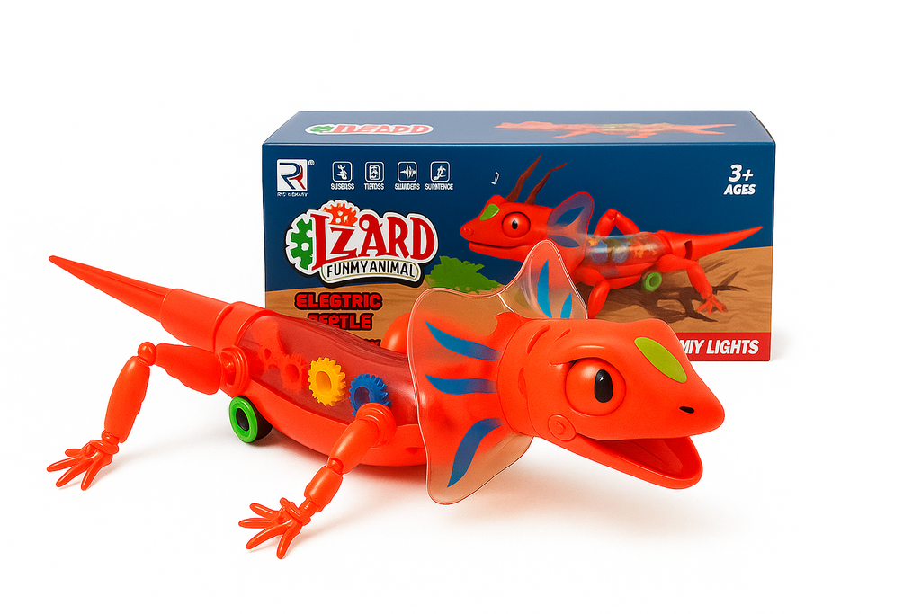 Raudonas žaislinis driežas su šviesomis ir muzika