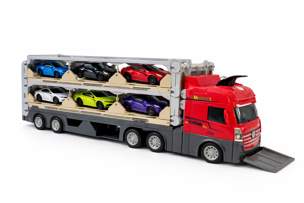 Dviaukštė automobilių transportavimo priekaba su vilkiku ir mašinėlėmis