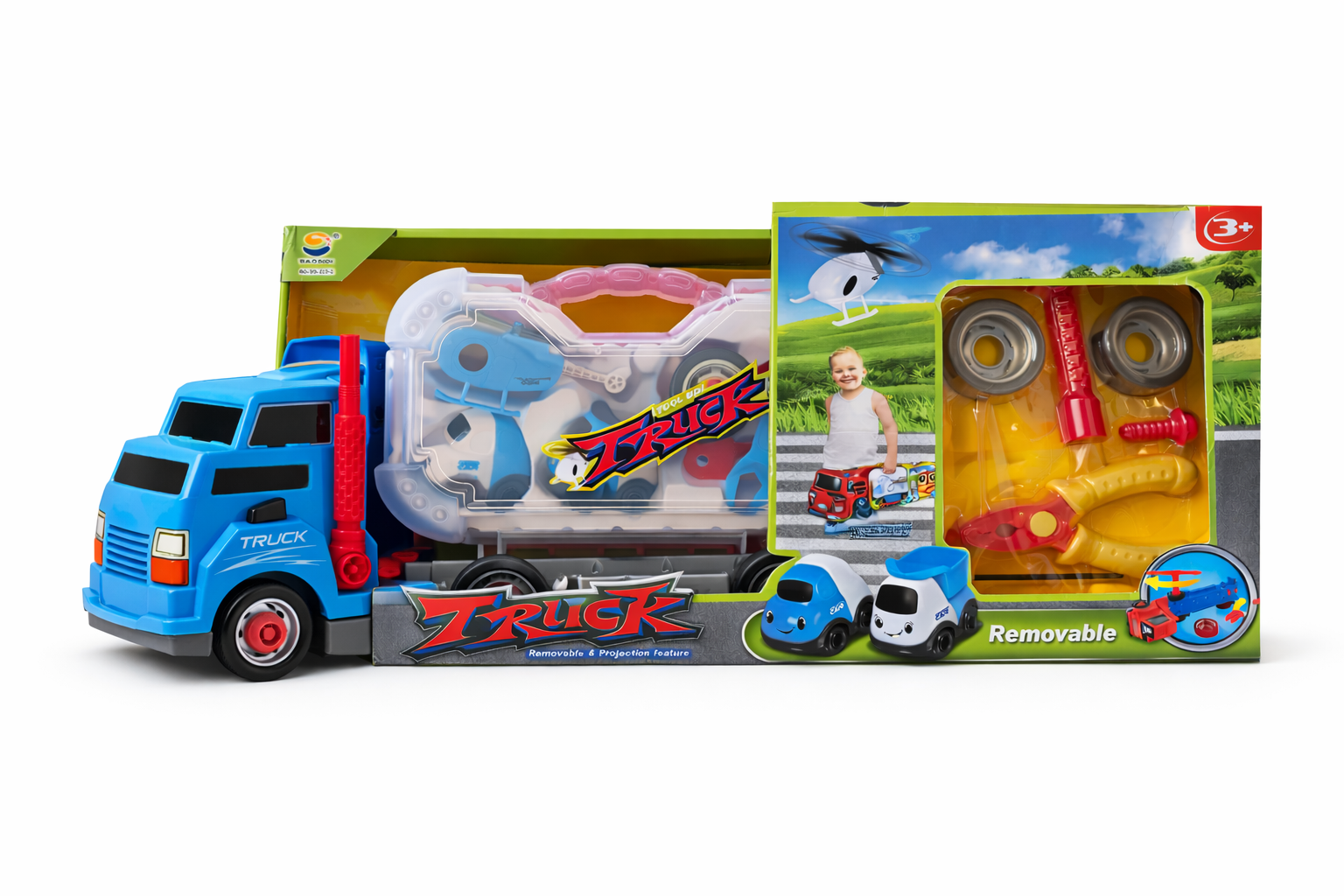 Žaislinis sunkvežimis su įrankiais ir mašinėle